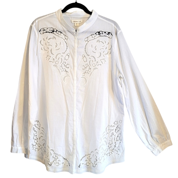 Coldwater Creek Tops - Coldwater Creek White Cotton Floral Eyelet Lace Snap Close Tunic Blouse Top XL